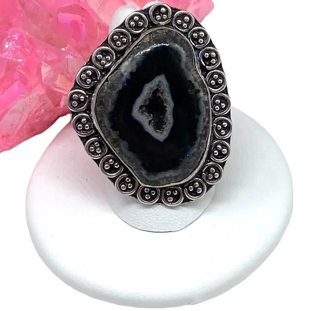 Black Druzy Botswana Agate Geode Ring 925 Sterling Silver Overlay Size 7.5